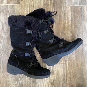 Sporto 8 Winter Boots Black Suede Leather Faux Fur Lace Up Wedge Water Proof
